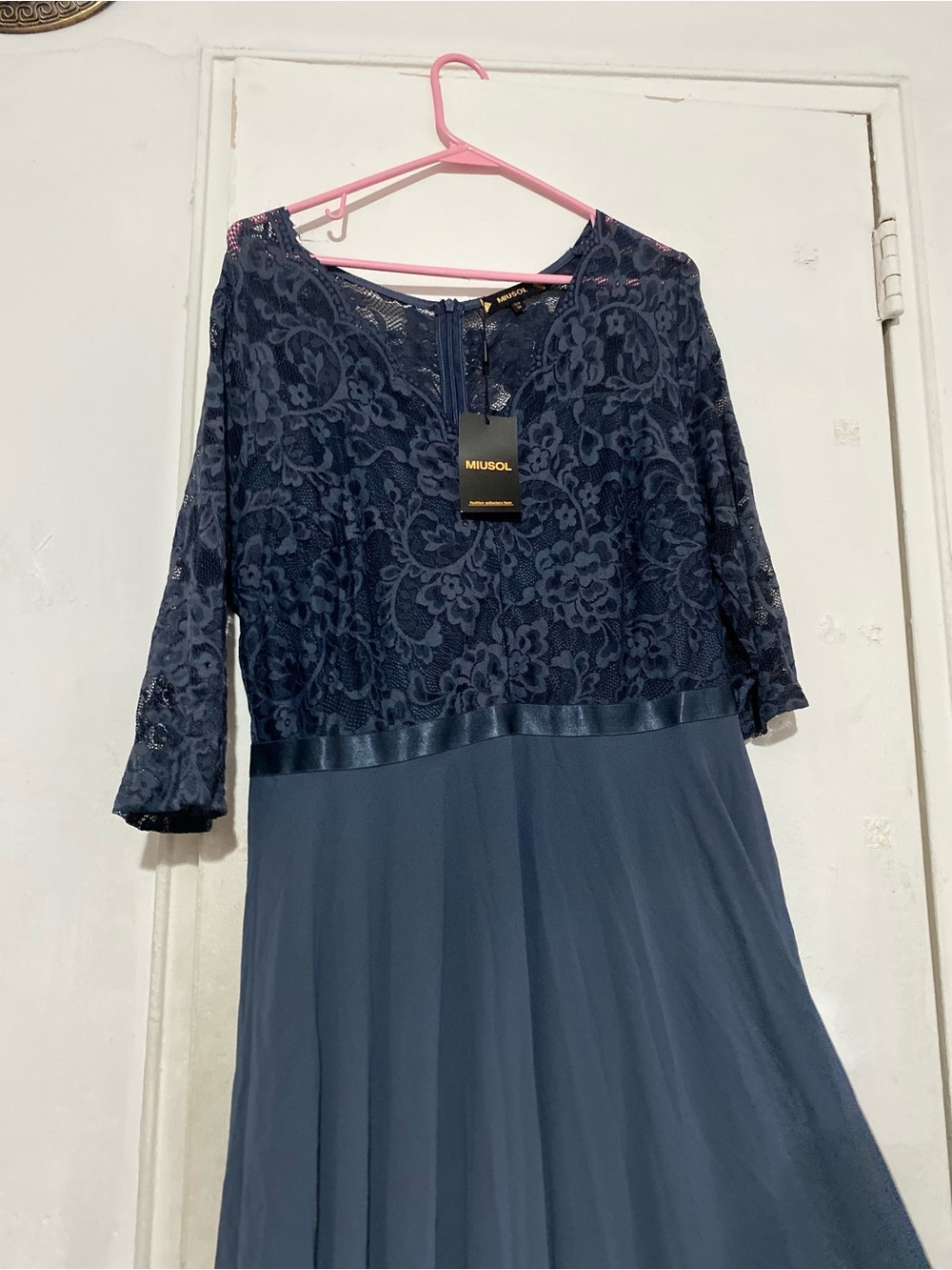 Miusol Navy Lace Bodice Long Sleeve Chiffon Gown